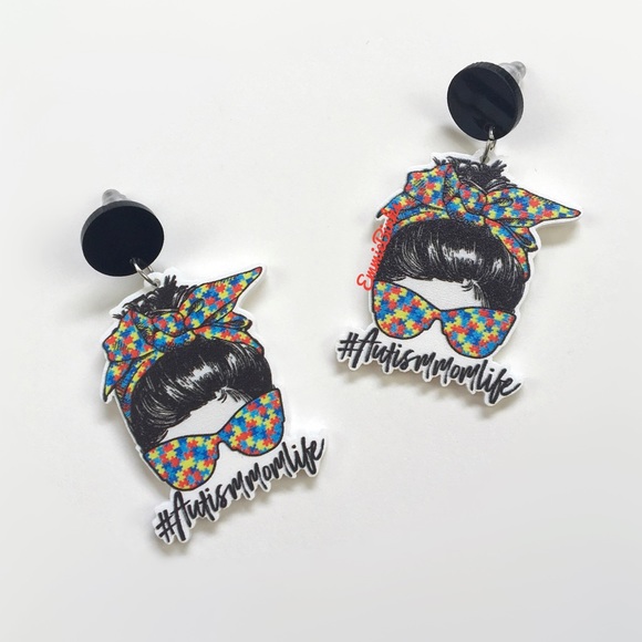 ✨3for$38mixMatch New Autism Mom Life Messy Bun Puzzle Piece Drop Dangle Earrings - Picture 2 of 8
